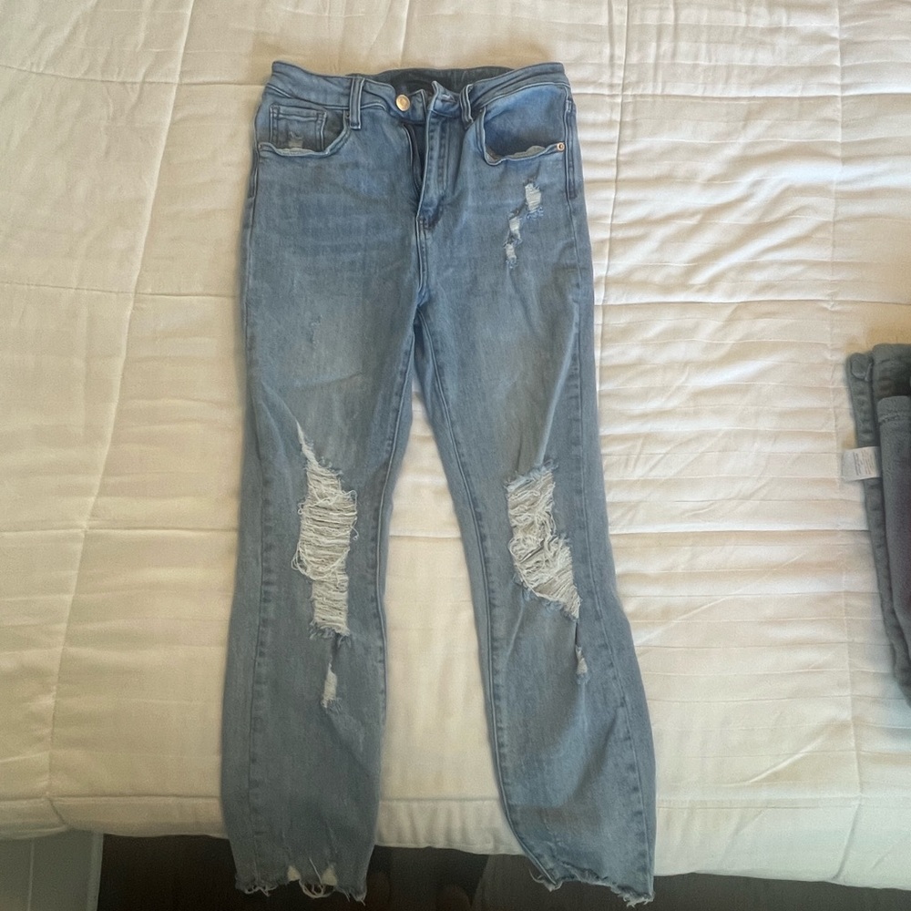 Classic Blue Distressed Straight Leg Jeans